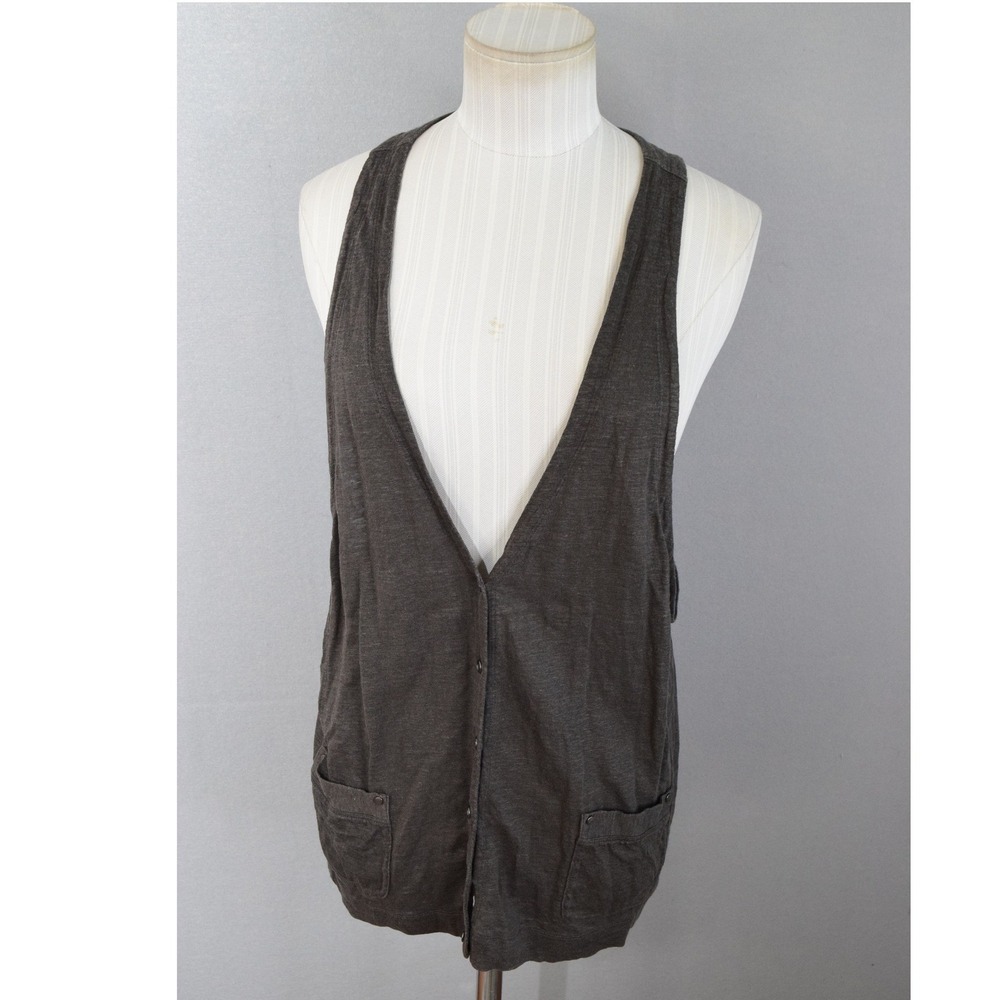 Eileen Fisher Vest Small Gray 100% Linen Racerback Button Front Pocket Layering